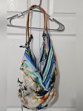 Tommy Bahama Floral & Blue Stripe Shoulder Bag with Tan Handles